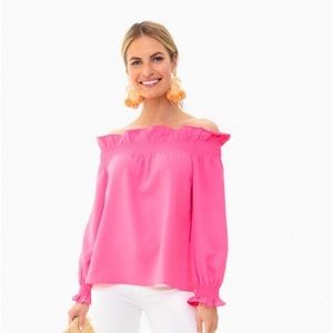 Tuckernuck “Marguerite” off shoulder hot pink blouse